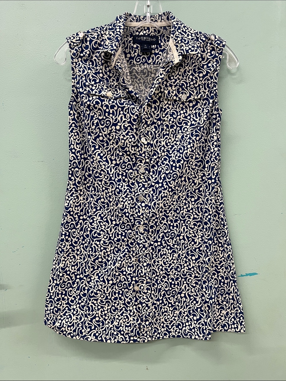 ToobyDoo New York Navy and White Sleeveless Collared Button-Up Mini Dress